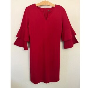 J.McLaughlin Letty Red Ruffle Bell Sleeve Sheath Dress Split Neck Ponte XS